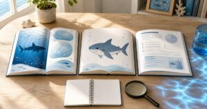 写真・イラスト・読み物の三種類のサメ図鑑を開いて比較する机上の様子